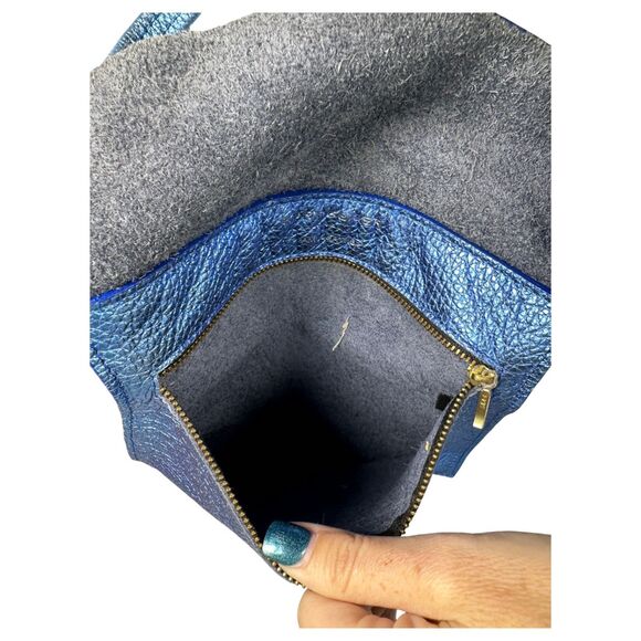 Kurt Geiger Blue Metallic Quirky Pebbled Leather Suede Shoulder Purse Handbag - Picture 4 of 8